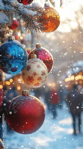 Colorful Christmas ornaments hang on a snowy winter day at a festive market f...