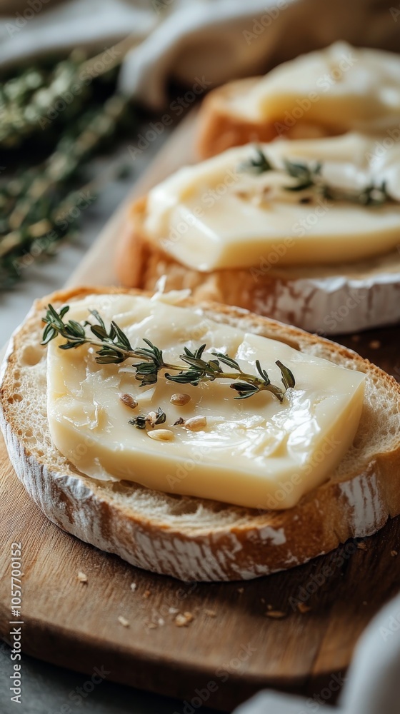 Delicious slice of cheese on artisan bread arranged on a wooden board in a rustic kitchen setting Delicious slice of cheese on artisan bread arranged on a wooden board in a rustic kitchen setting