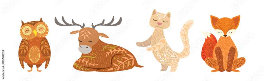 Ethnic Patterned Animals with Body Ornament Vector Set Ethnic Patterned Animals with Body Ornament Vector Set