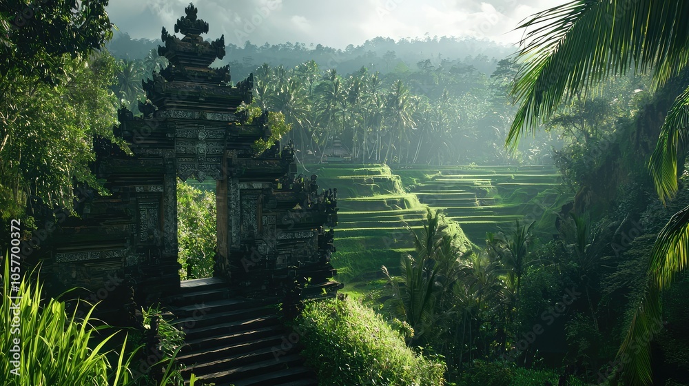 Serene Balinese Temple Gates Overlooking Rice Terraces Serene Balinese Temple Gates Overlooking Rice Terraces