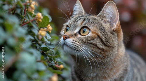 A curious cat observing flowers in a lush garden during a sunny afternoon