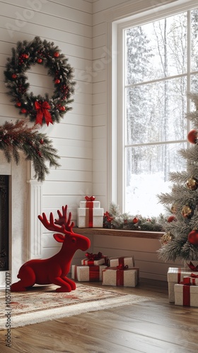 Cozy holiday living room decorated with a Christmas tree, wreath, and gifts n...