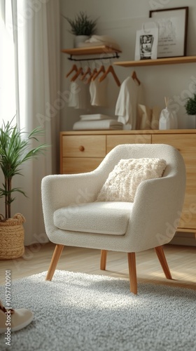 Cozy white chair in a bright living room with wooden furniture and indoor plants