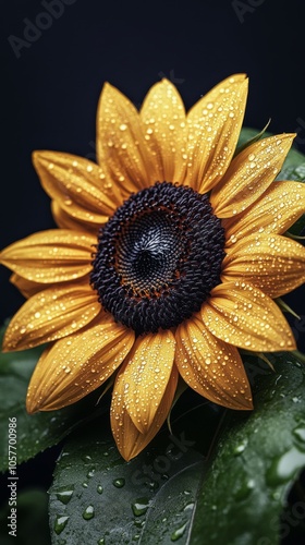 Bright sunflower with droplets on petals surrounded by green leaves in close ...