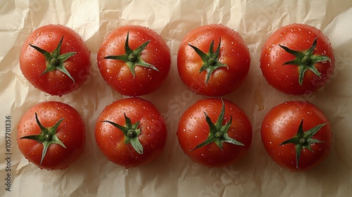 Freshly picked ripe tomatoes arranged meticulously on a tray in natural light...