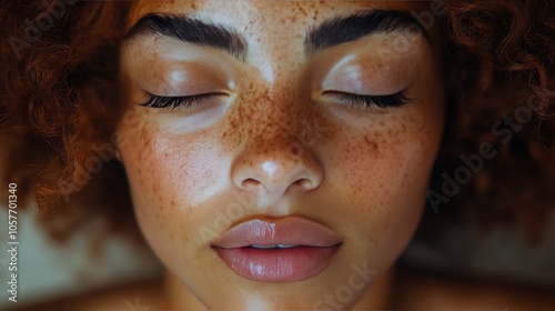 Close up of a young person with natural freckles and soft makeup showcasing b...