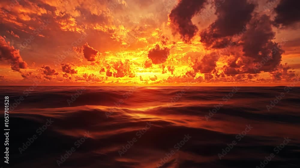 A vibrant sunset over the ocean, casting an orange glow across the water and clouds A vibrant sunset over the ocean, casting an orange glow across the water and clouds