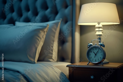 Cozy bedroom with bedside lamp and vintage alarm clock showing late evening a...
