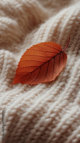 A single orange leaf resting on a cozy cream knitted fabric during autumn season