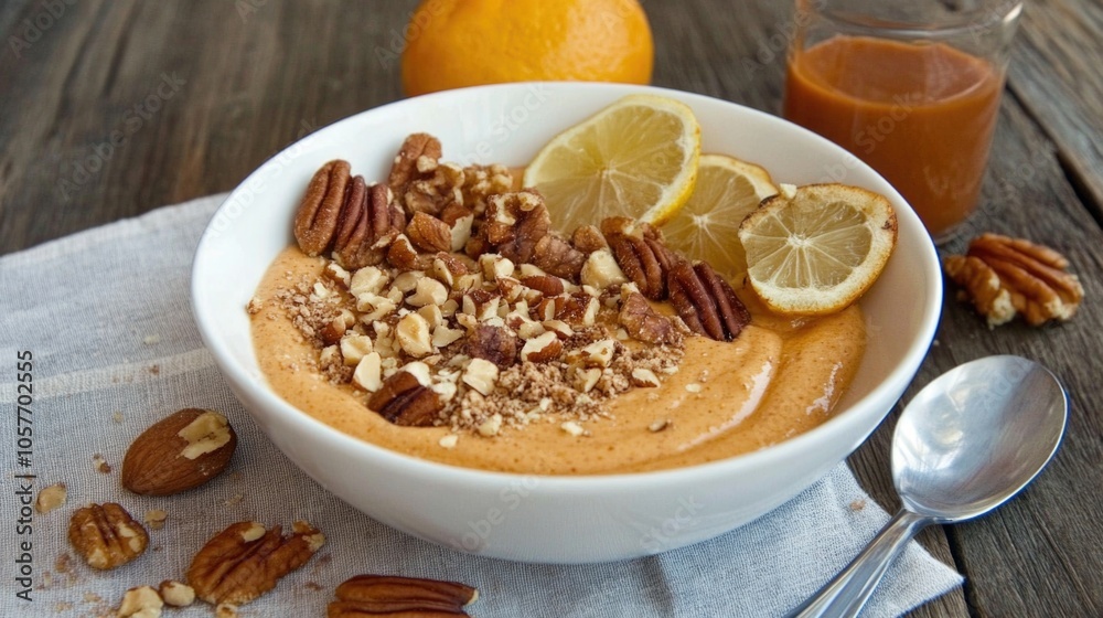Creamy pumpkin smoothie bowl with nuts and citrus Creamy pumpkin smoothie bowl with nuts and citrus