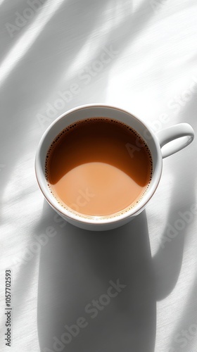 A serene cup of coffee resting on an elegant white silk surface in soft morni...