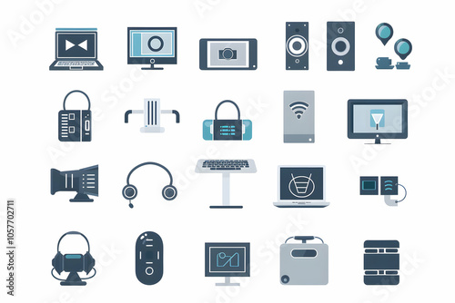 A set of 20 flat icons depicting various tech gadgets and devices, including laptops, smartphones, headphones, speakers, monitors, and more.