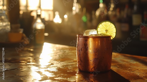 Copper mug with a lime garnish on a bar counter during golden hour at a livel...