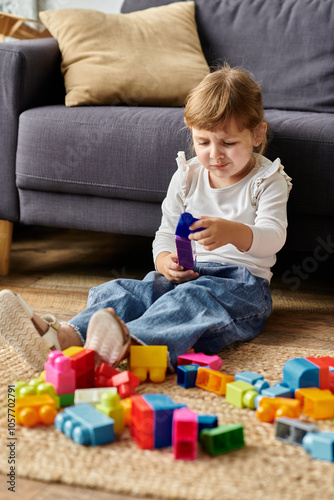 Little cute girl engages with colorful building blocks on the floor.