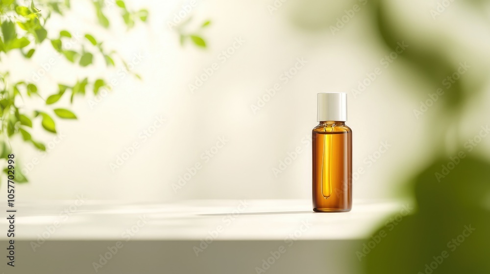 Elegant Serum Bottle on Smooth Surface with Greenery Elegant Serum Bottle on Smooth Surface with Greenery