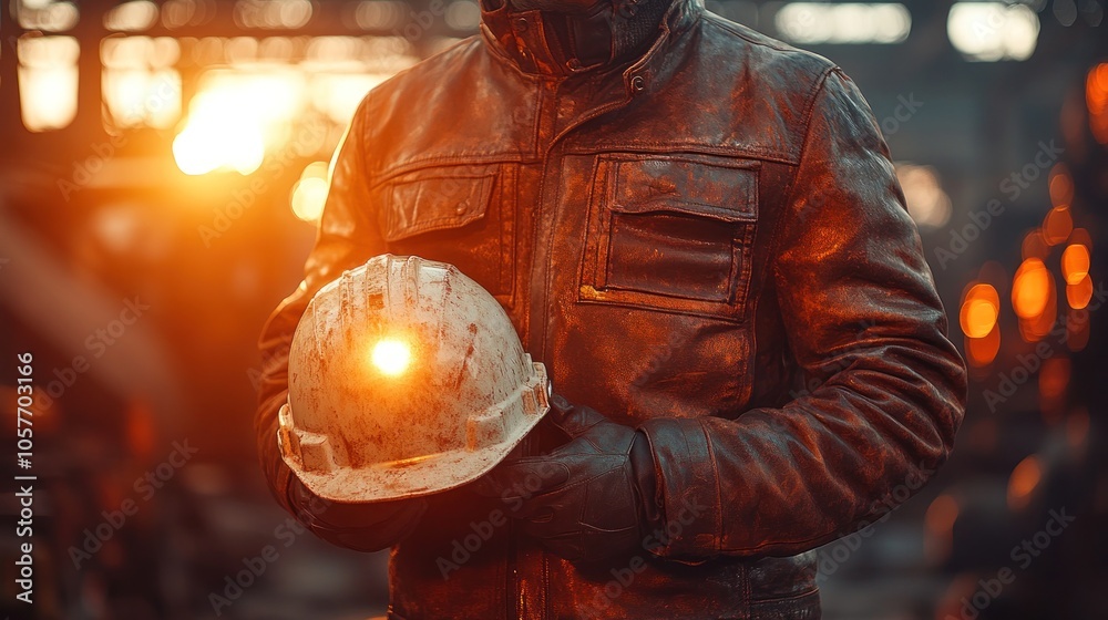 A man in a leather jacket holding a hard hat, lit from behind by a glowing furnace. A man in a leather jacket holding a hard hat, lit from behind by a glowing furnace.