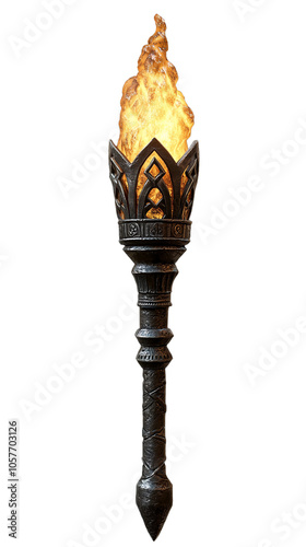 Medieval Iron Torch with Flames and Wrapped Handle on Transparent Background