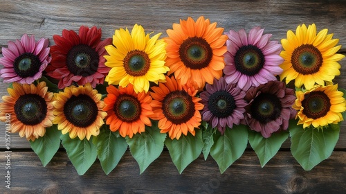 Bright sunflowers arranged on a rustic wooden table in a sunny flower market ...