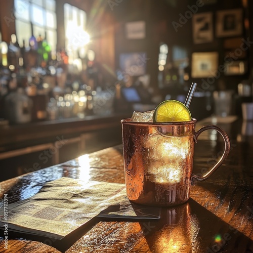 A refreshing cocktail with ice and lime sits on a bar counter during sunset i...