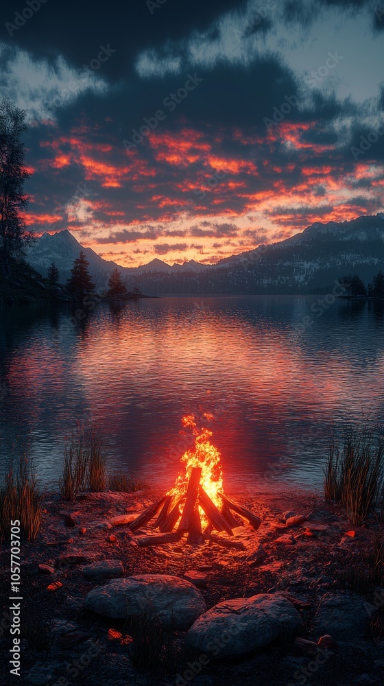 Campfire by the serene lake during a vibrant sunset with colorful clouds in the sky Campfire by the serene lake during a vibrant sunset with colorful clouds in the sky