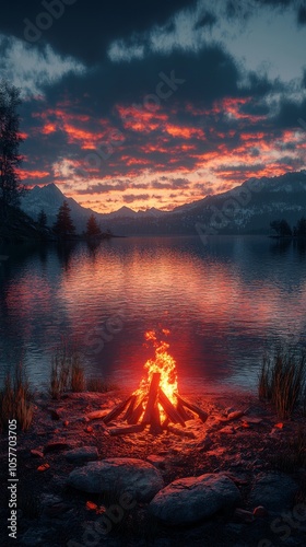 Campfire by the serene lake during a vibrant sunset with colorful clouds in t...