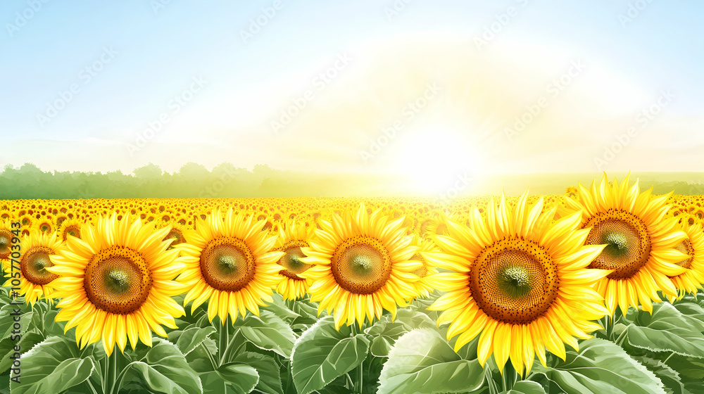 Obraz premium Sunlit field of sunflowers, with a bright blue sky in the background.