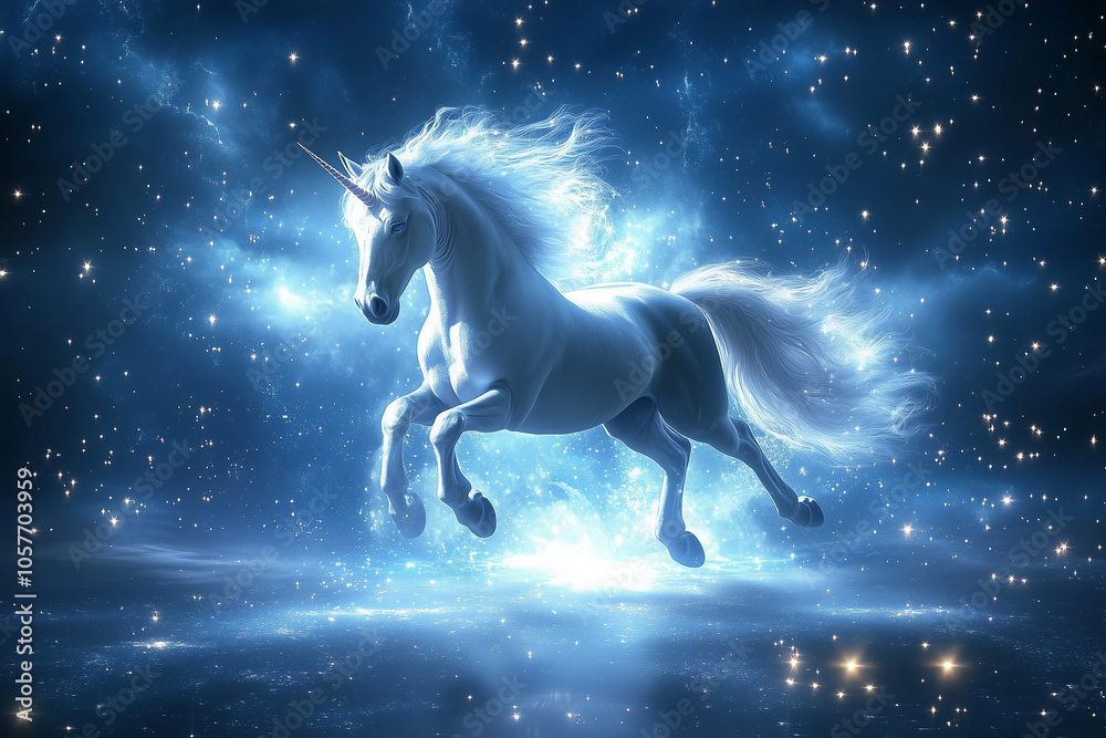 Unicorn gallops on the water on the blue sky background..... Unicorn gallops on the water on the blue sky background.....