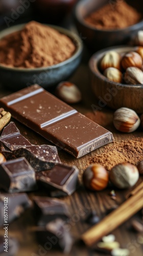 Chocolate bar surrounded by nuts and spices on a wooden table in a warm kitchen setting