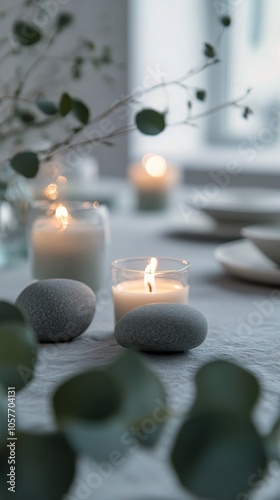 Tranquil arrangement of stones and candles with eucalyptus leaves in a calmin...