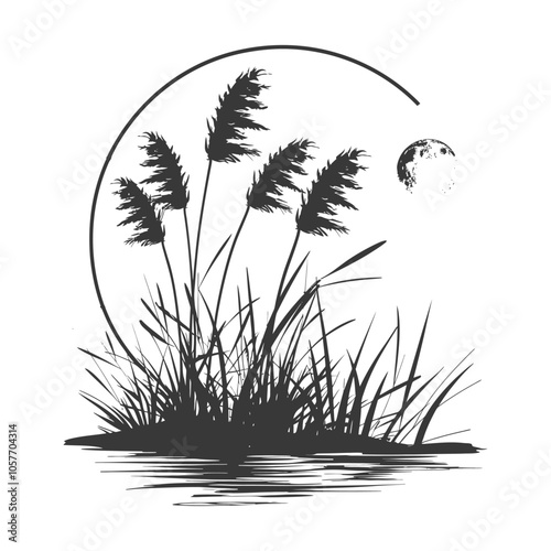 Silhouette of Tall Grass and a Moon Over Water