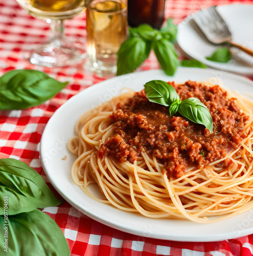 spaghetti bolognese mit basilikum