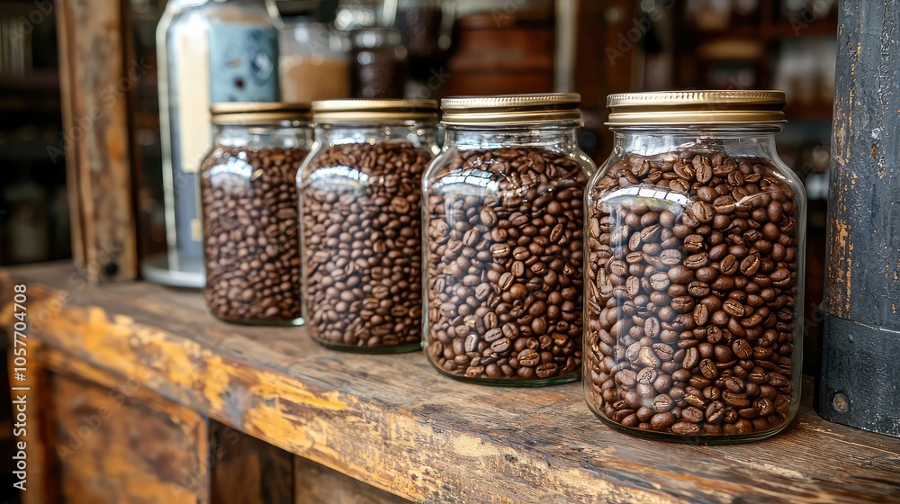 Freshly Roasted Coffee Beans in Jars on Rustic Shelf Freshly Roasted Coffee Beans in Jars on Rustic Shelf