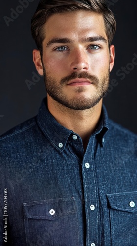 A handsome man with a beard and piercing blue eyes looks intently at the camera