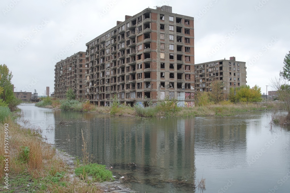 Fototapeta premium Abandoned apartment building reflected in a waterway