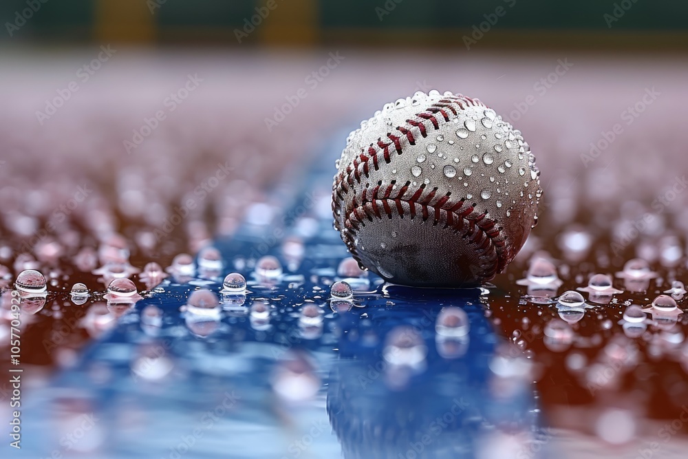 A Baseball Covered in Raindrops on a Wet Baseball Field A Baseball Covered in Raindrops on a Wet Baseball Field