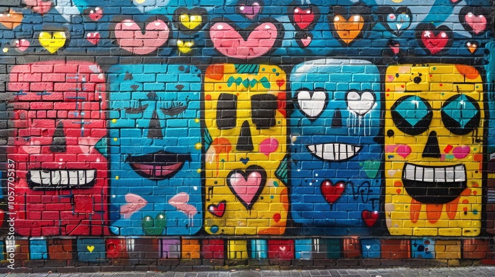 A vibrant and playful graffiti mural of colorful strange faces on a brick wall. A vibrant and playful graffiti mural of colorful strange faces on a brick wall.