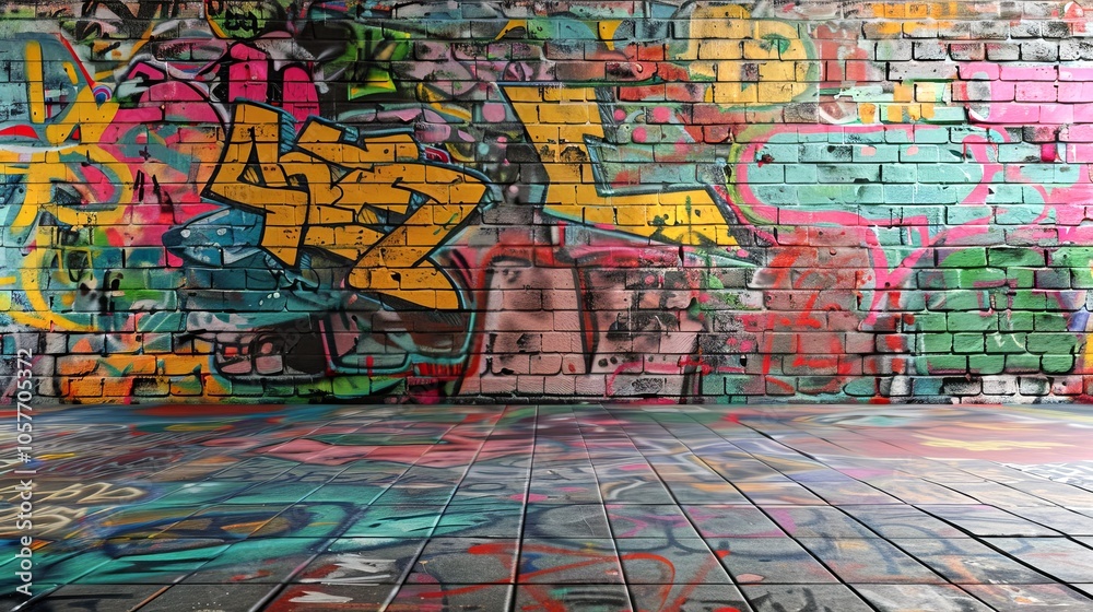 Fototapeta premium A colorful and vibrant graffiti-covered brick wall and tiled floor create a striking urban backdrop.