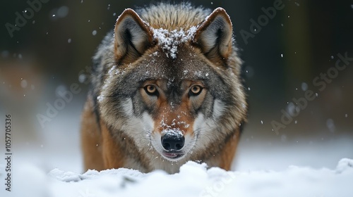 Wolf in a snowy forest during winter, showcasing its majestic gaze and thick ...