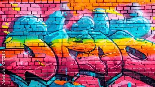 A vibrant colorful graffiti mural adorns a brick wall. Creative street art.