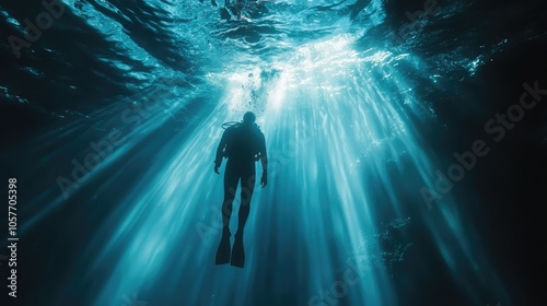 Scuba Diver Underwater in Ray of Light