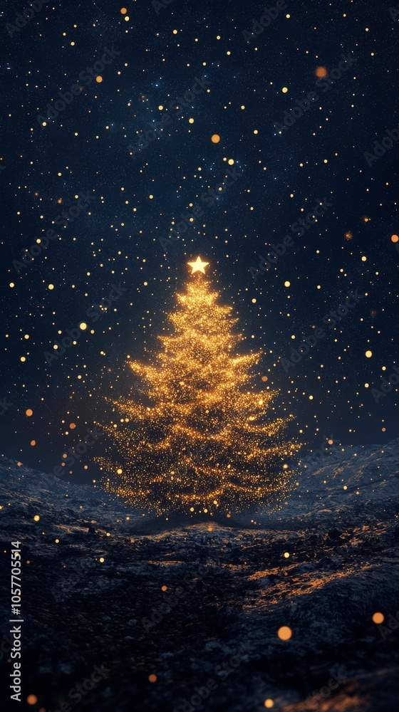 Naklejka premium Glowing Christmas tree with sparkling lights under a starry night sky in winter