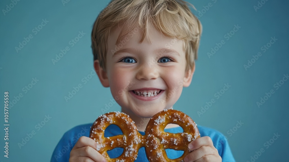 A young boy smiles broadly while holding two pretzels A young boy smiles broadly while holding two pretzels