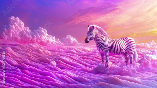 A surreal depiction of a zebra standing in vibrant, colorful clouds with a dreamy landscape. photo