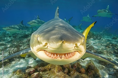 A Bull Shark Opens Its Mouth Wide in the Ocean photo