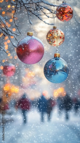 Colorful Christmas ornaments hang on a snowy winter day at a festive market f...
