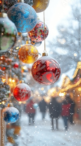 Colorful Christmas ornaments hang on a snowy winter day at a festive market f...