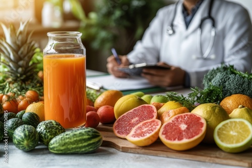 Health pro notes surrounded by fresh produce and drinks in a bright space