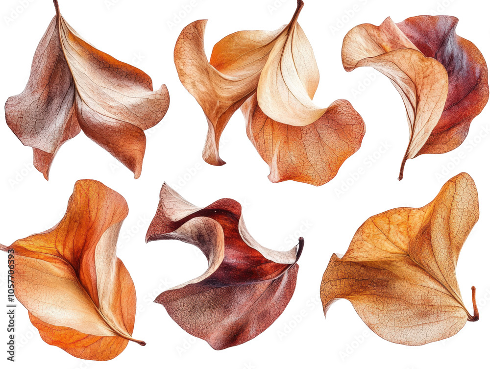 Colorful abstract leaves in various shapes, white isolated background.