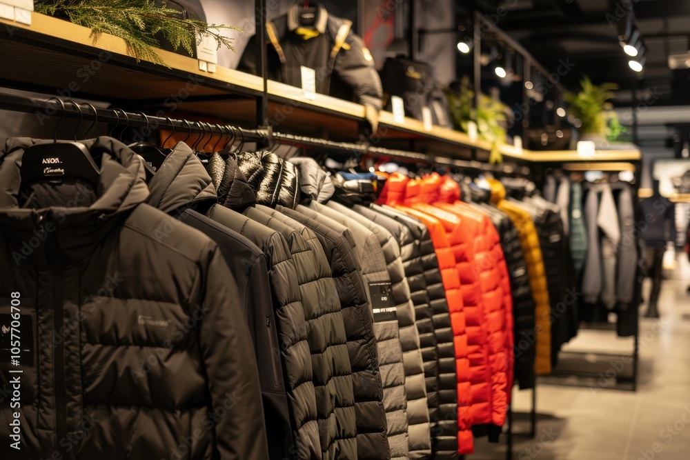 Many winter jackets hanging in clothing store displaying modern fashion trends Many winter jackets hanging in clothing store displaying modern fashion trends
