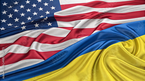 Vibrant image of the United States and Ukraine flags overlapping, symbolizing unity and international cooperation. Ideal for themes of diplomacy, partnership, and cultural connection.